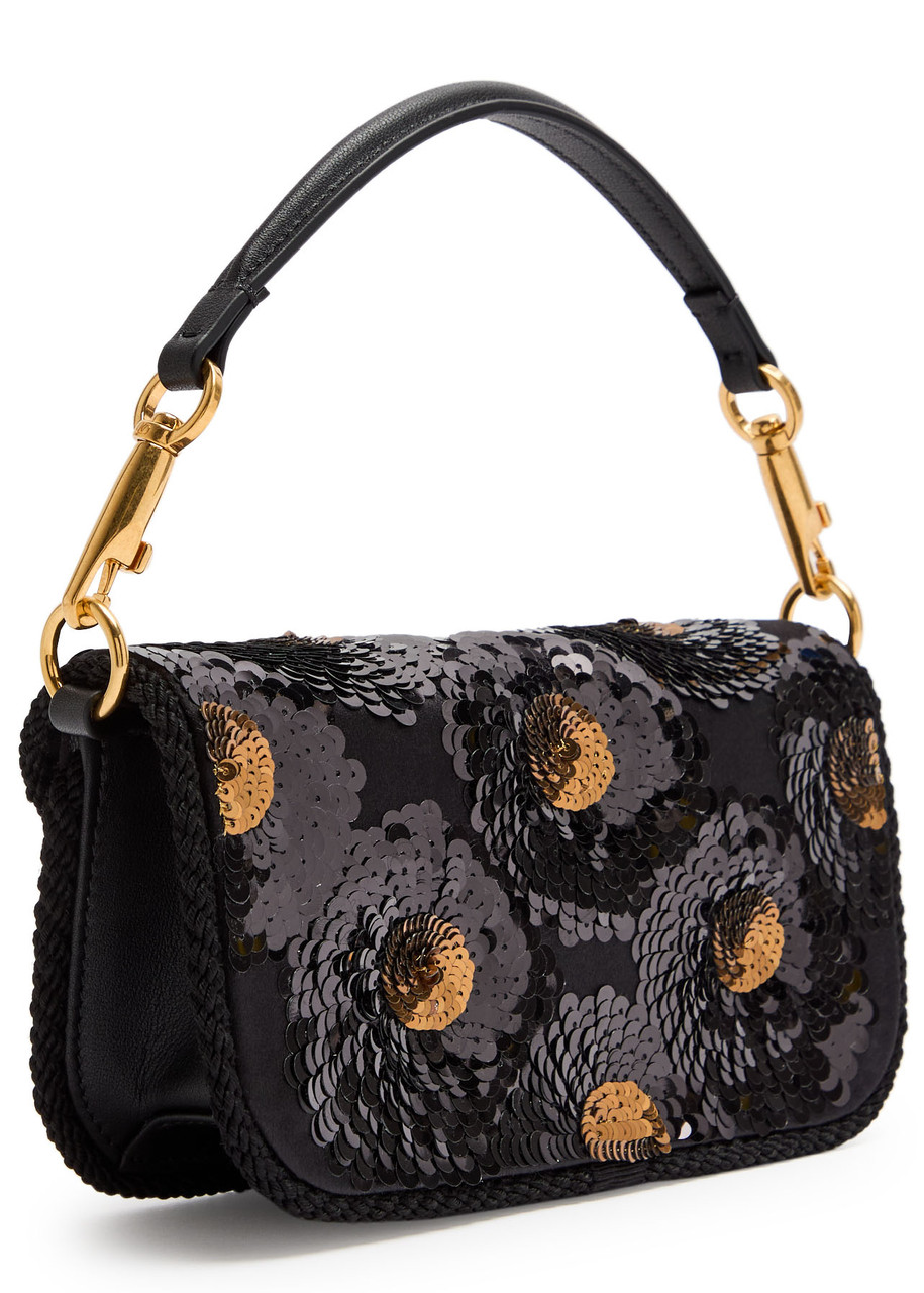 Valentino Vlogo Sequin-embellished Leather Shoulder Bag In Black
