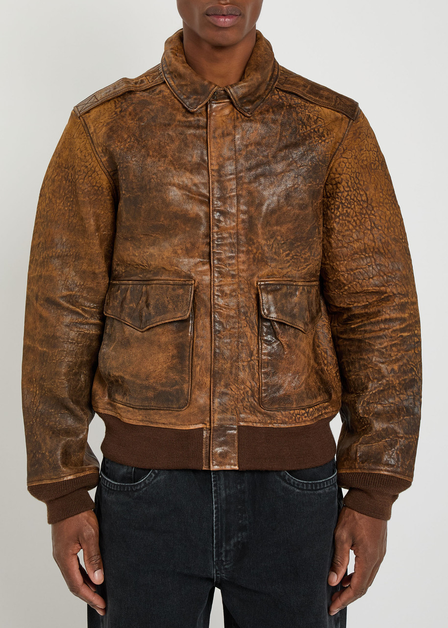 Polo Ralph Lauren Textured Leather Flight Bomber Jacket In Brown