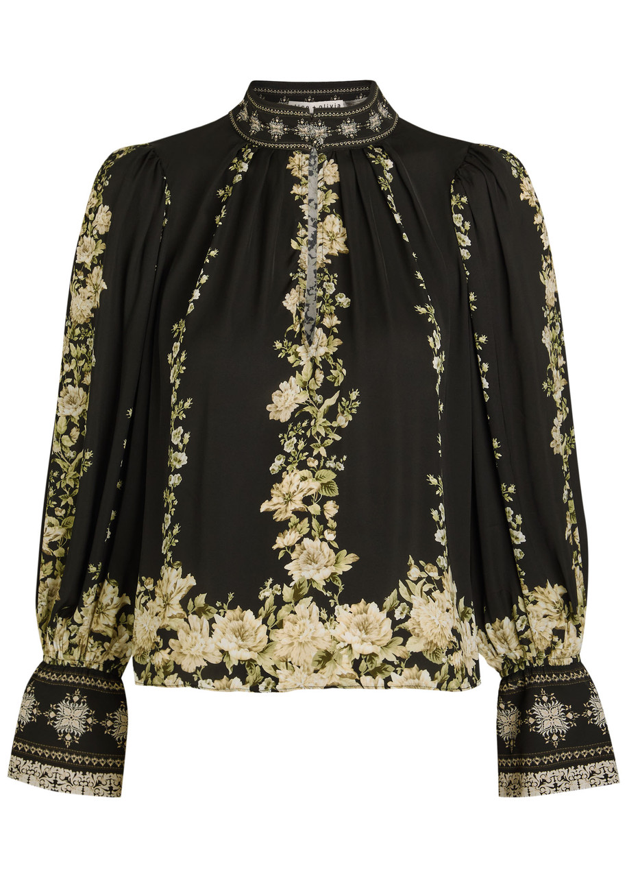 Alice And Olivia Alice + Olivia Marion Floral-print Satin Blouse In Black