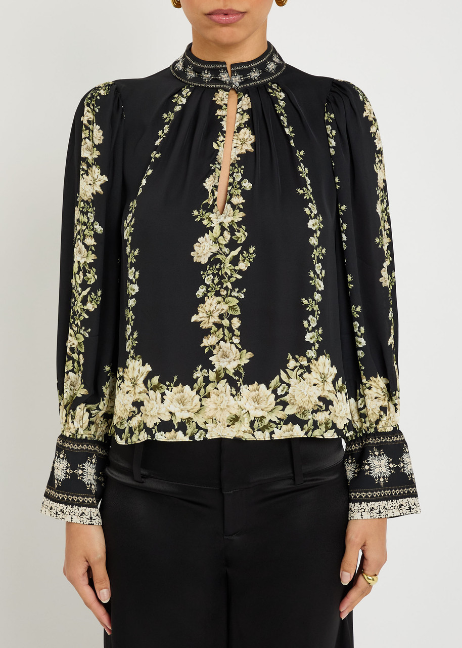 Alice And Olivia Alice + Olivia Marion Floral-print Satin Blouse In Black
