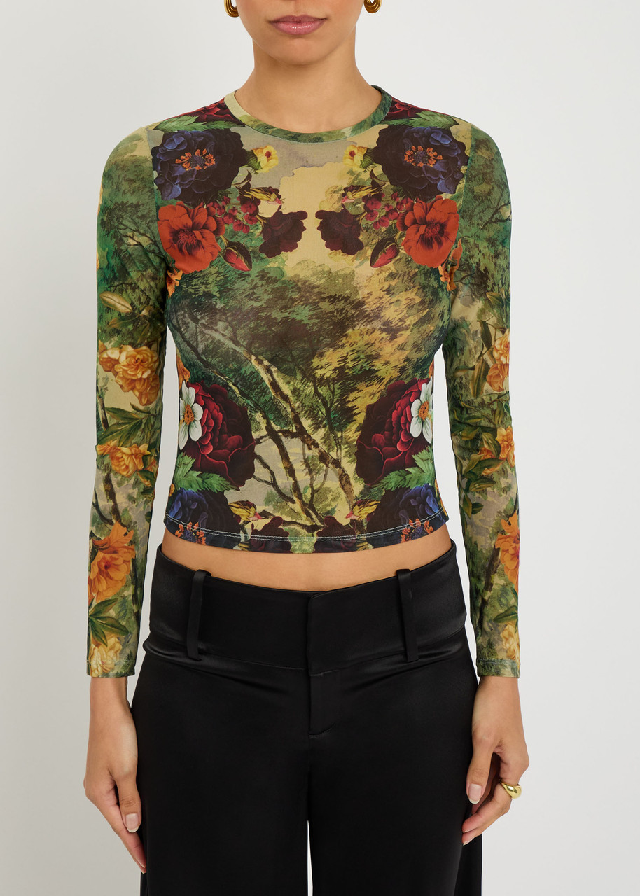 Alice And Olivia Delaina Printed Mesh Long Sleeve Crop Top In Green