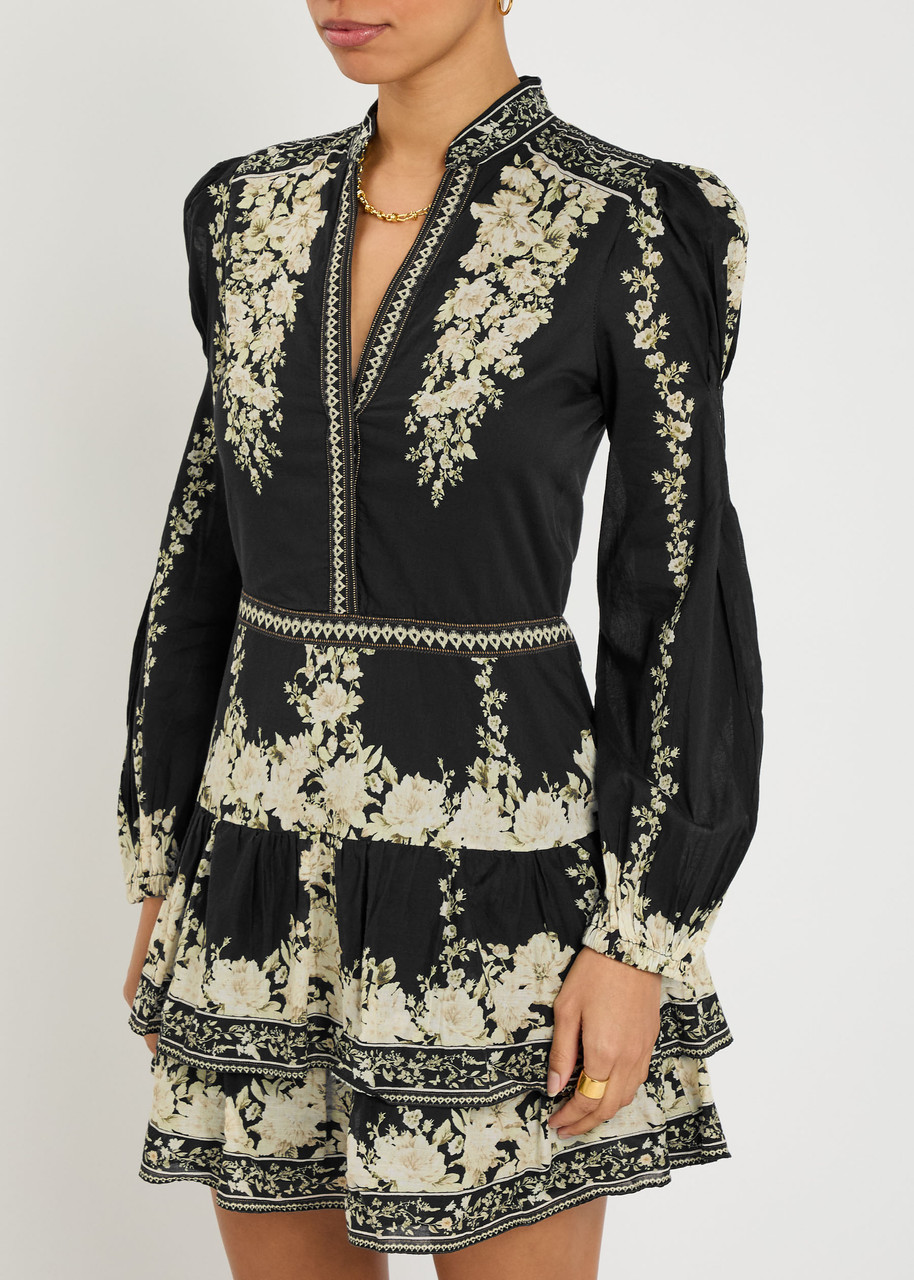 Alice And Olivia Alice + Olivia Valencia Floral-print Cotton Mini Dress In Black
