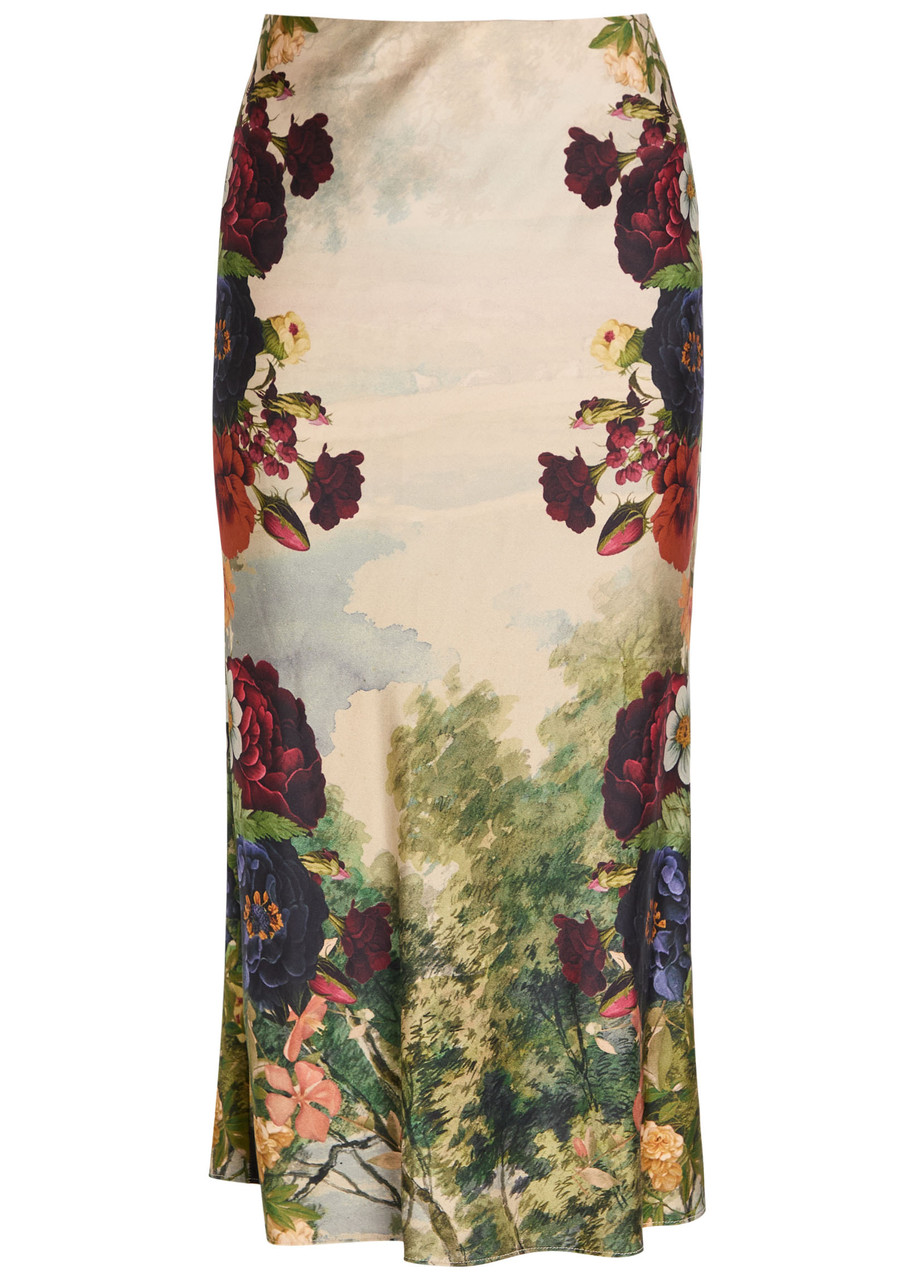 Alice And Olivia Alice + Olivia Maeve Floral-print Satin Midi Skirt In Multi