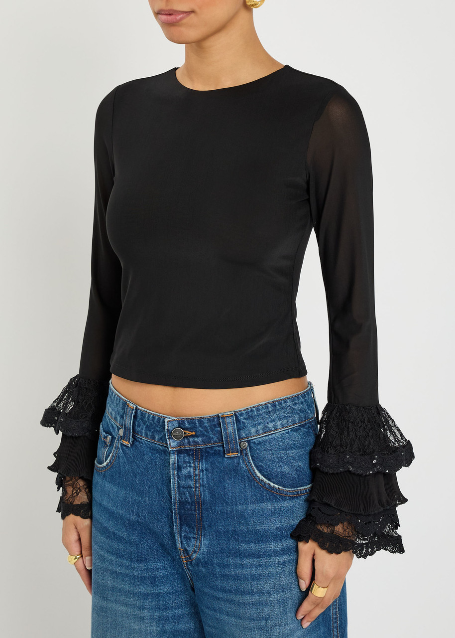 Alice And Olivia Alice + Olivia Delaina Ruffled Mesh Top In Black