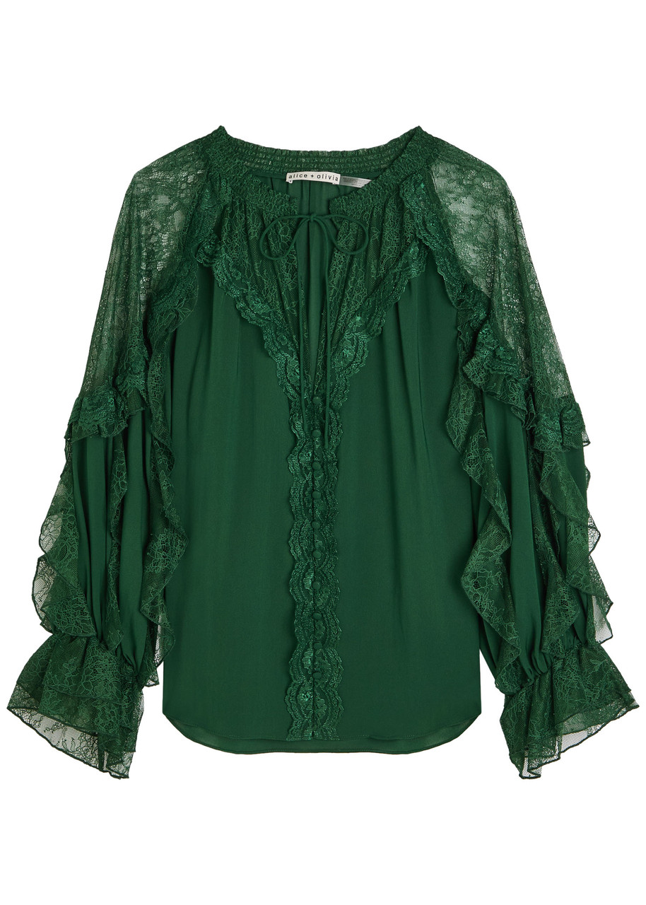 Alice And Olivia Alice + Olivia Aleena Ruffled Lace Chiffon Blouse In Green