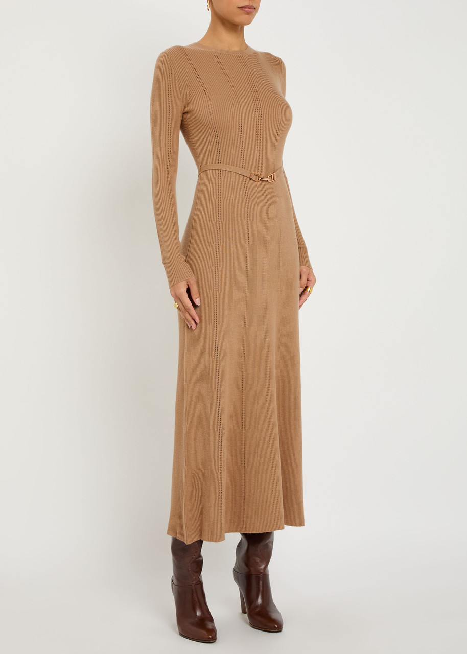 Gabriela Hearst Imagene Belted Ribbed Pointelle-knit Wool Midi Dress In Brown