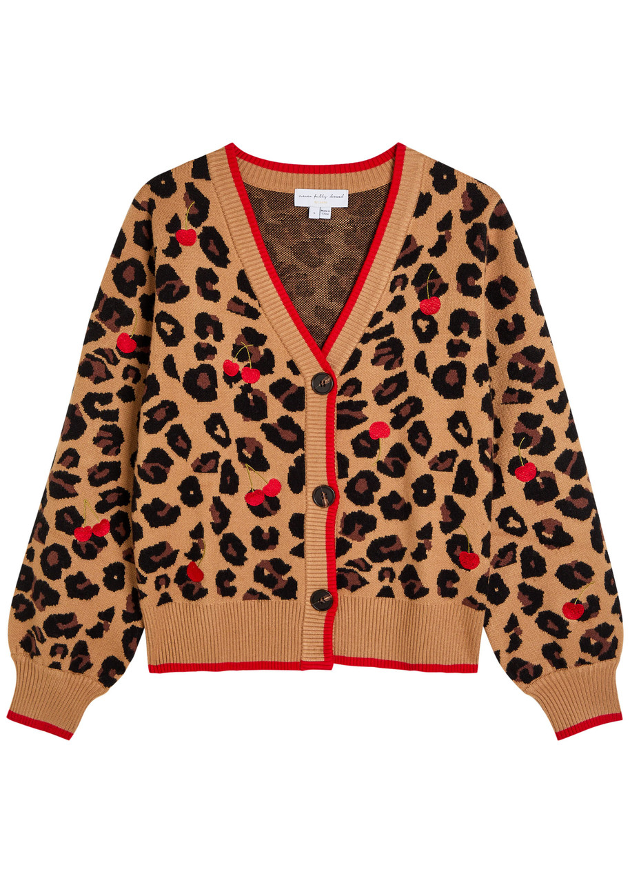 Never Fully Dressed Cherry Leopard Embroidered Knit Cardigan In Multi