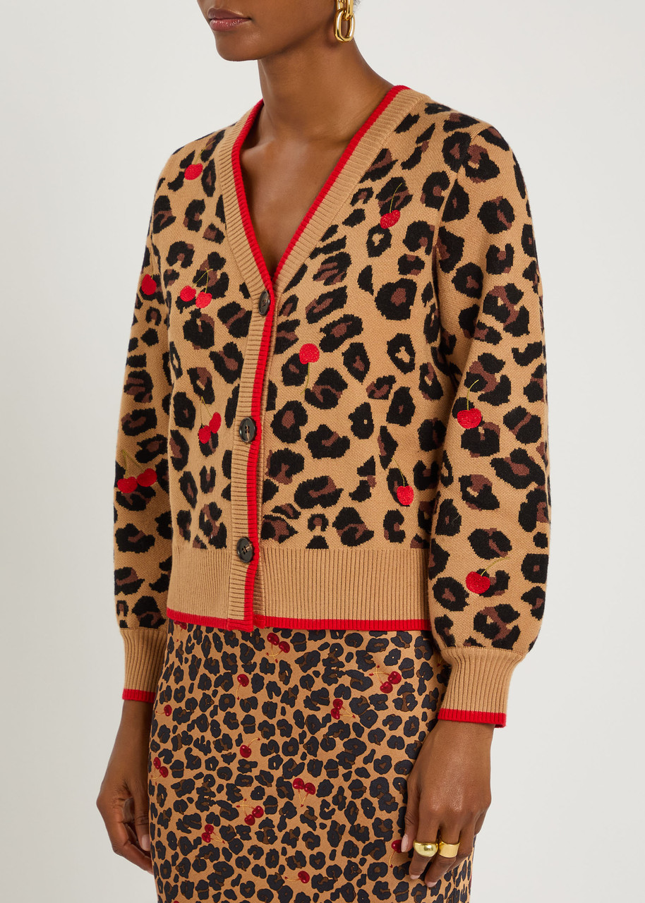 Never Fully Dressed Cherry Leopard Embroidered Knit Cardigan In Multi