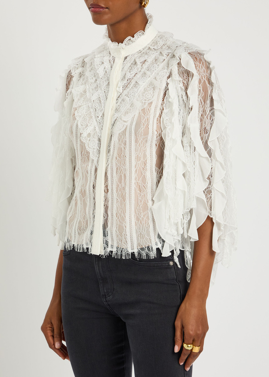 Alice And Olivia Rheba Mock Neck Button Front Lace Ruffle Sleeve Top Off White In White