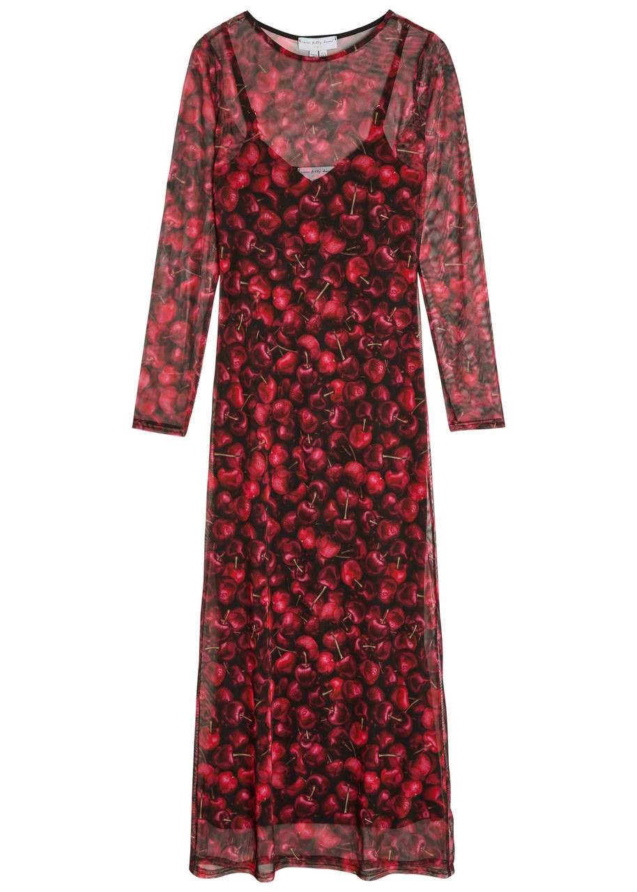 Never Fully Dressed Soho Cherry-print Mesh Midi Dress In Multi