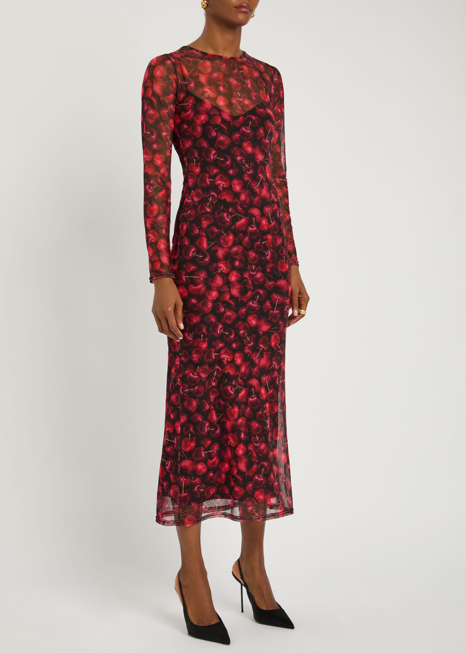 Never Fully Dressed Soho Cherry-print Mesh Midi Dress In Multi