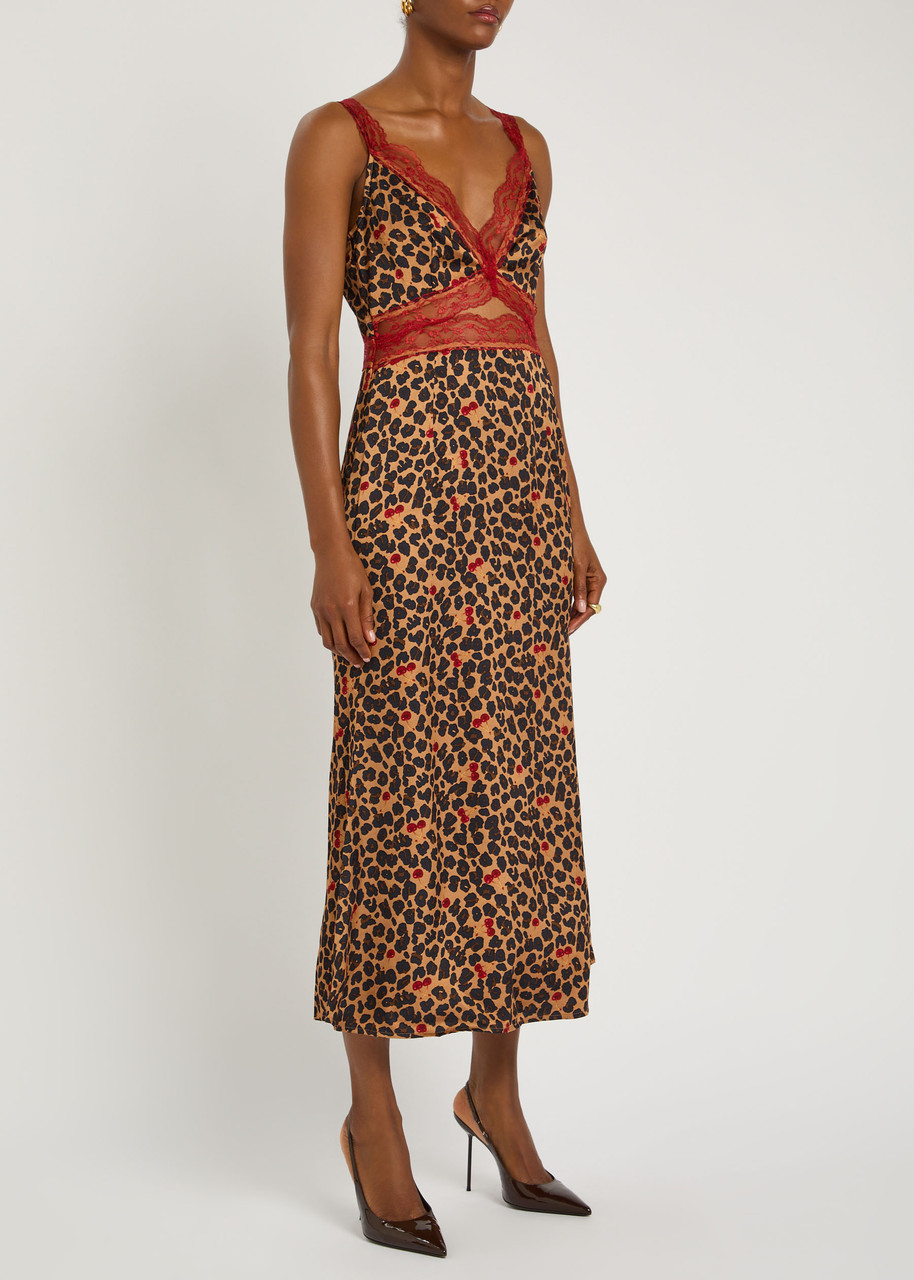 Never Fully Dressed Mimi Cherry And Leopard-print Satin Midi Dress In Multi