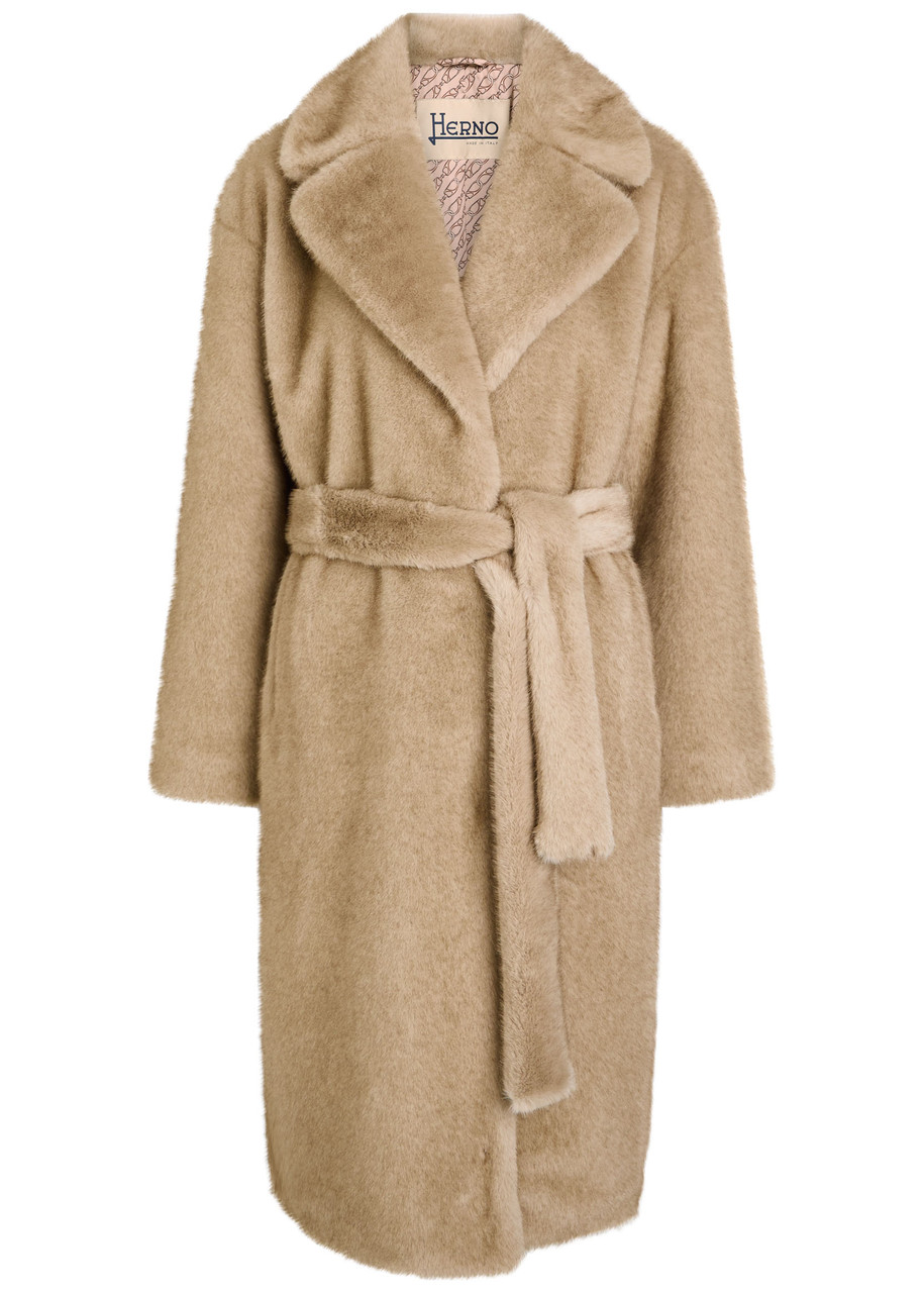Herno Belted Faux Fur Coat In Brown