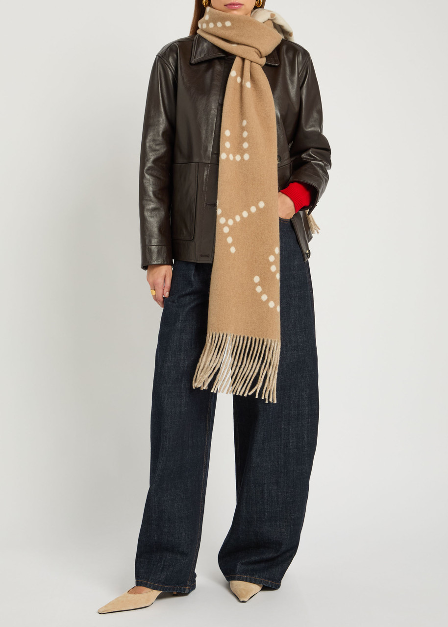 Stella Mccartney Logo Fringed Wool Scarf In Brown