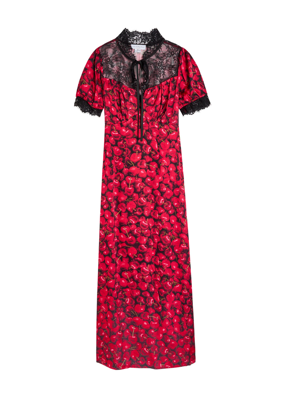 Never Fully Dressed Lyla Cherry-print Lace And Satin Midi Dress In Multi