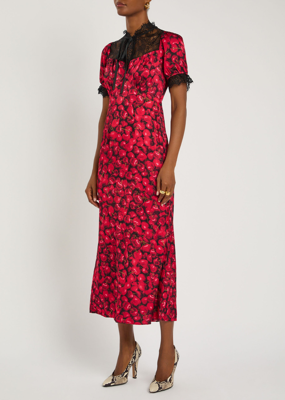 Never Fully Dressed Lyla Cherry-print Lace And Satin Midi Dress In Multi