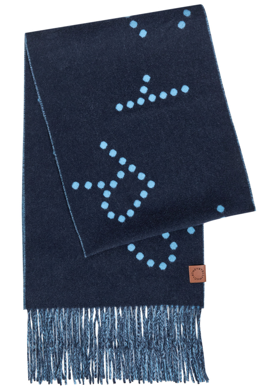 Stella Mccartney Logo Fringed Wool Scarf In Blue