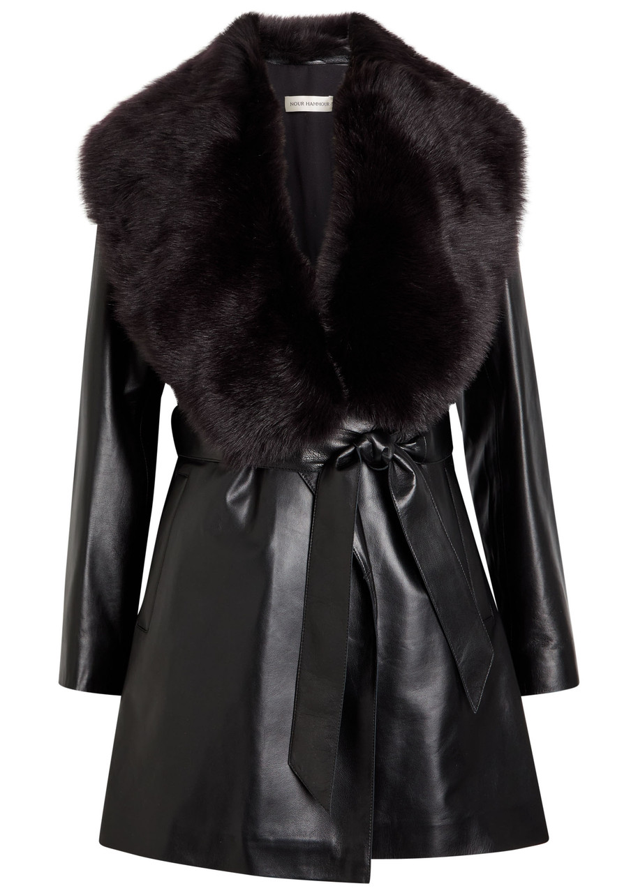 Nour Hammour Kelsey Fur-trimmed Belted Leather Jacket In Black