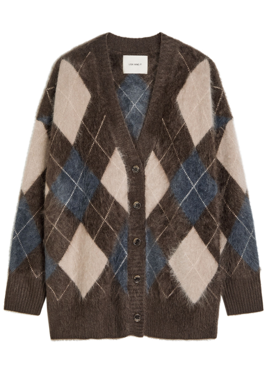 Lisa Yang Elaria Argyle Brushed Cashmere Cardigan In Brown