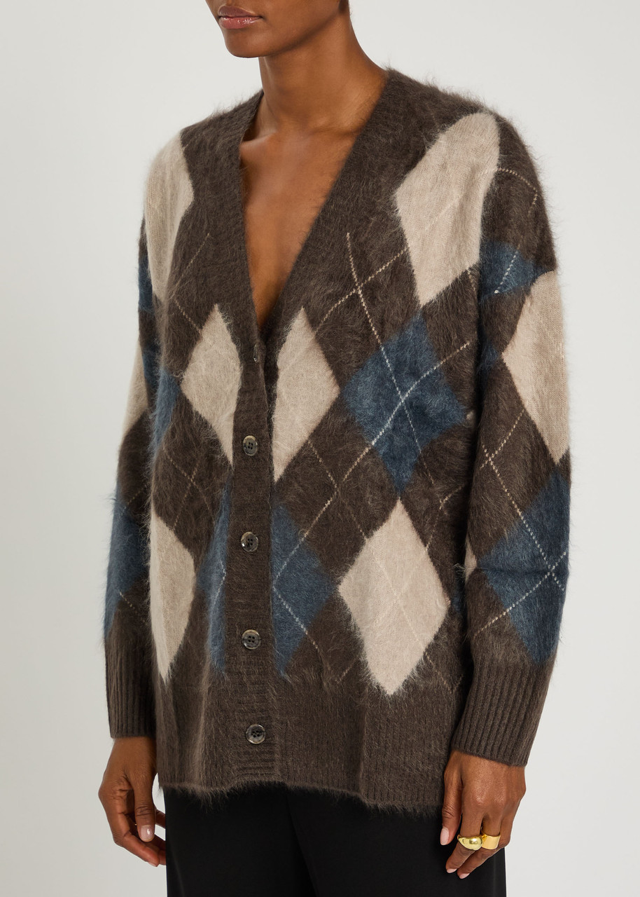 Lisa Yang Elaria Argyle Brushed Cashmere Cardigan In Brown
