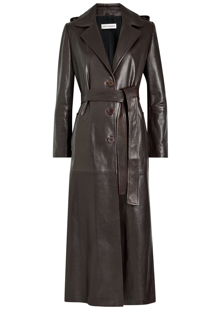 Nour Hammour Scarlett Belted Leather Trench Coat In Brown