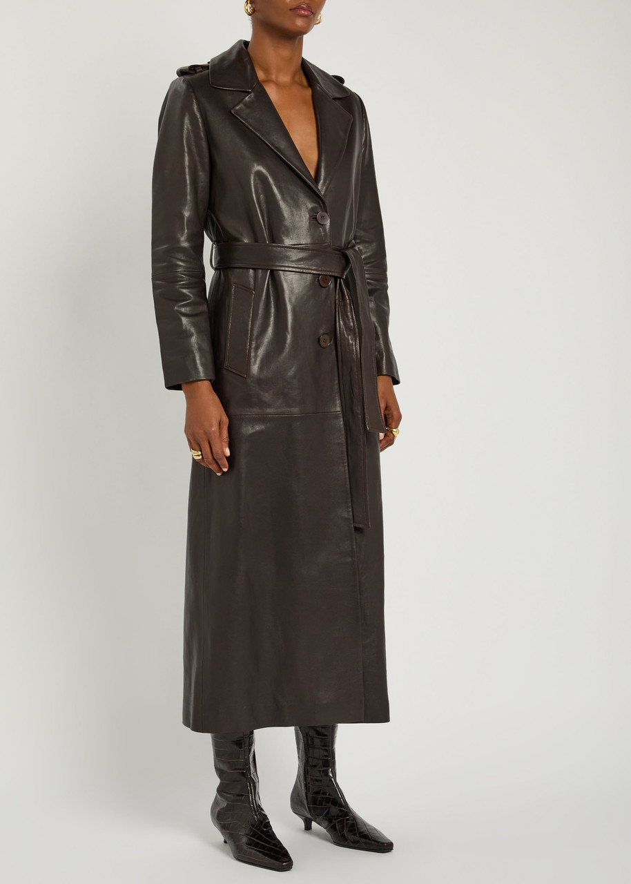 Nour Hammour Scarlett Belted Leather Trench Coat In Brown