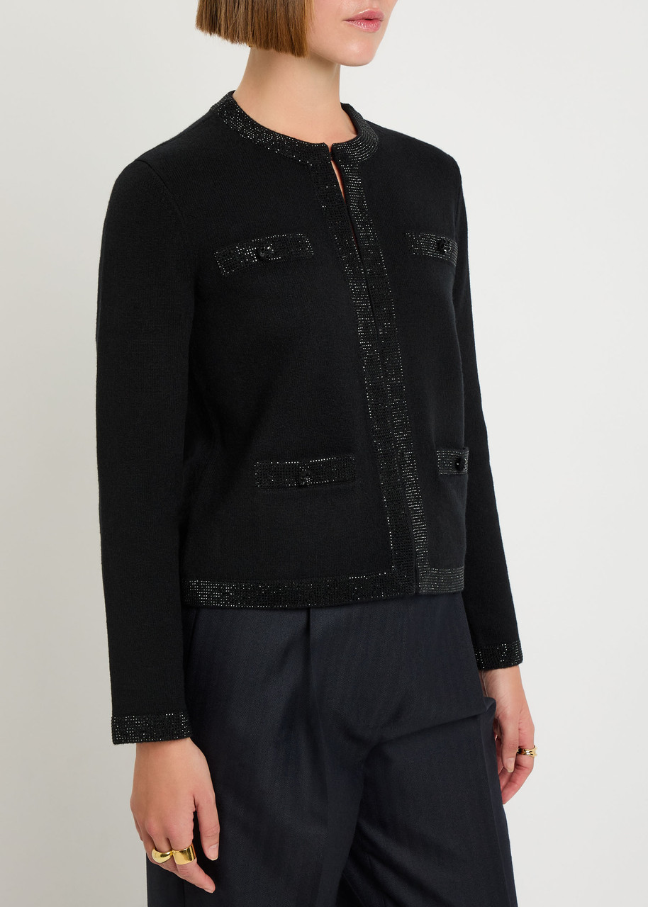 Tory Burch Kendra Crystal-embellished Wool-blend Cardigan In Black