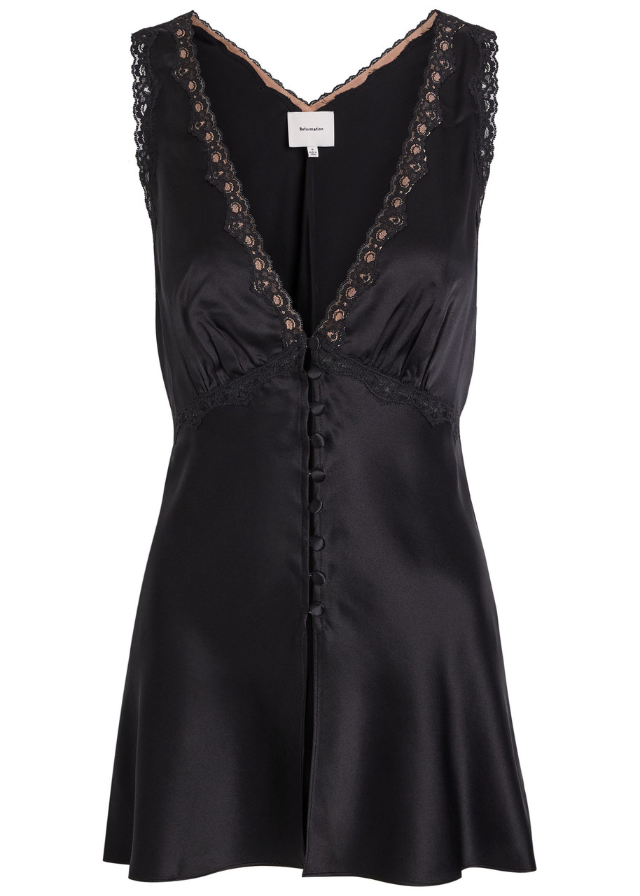 Reformation Addie Lace-trimmed Silk top - Black - 00 (UK2 / Xx