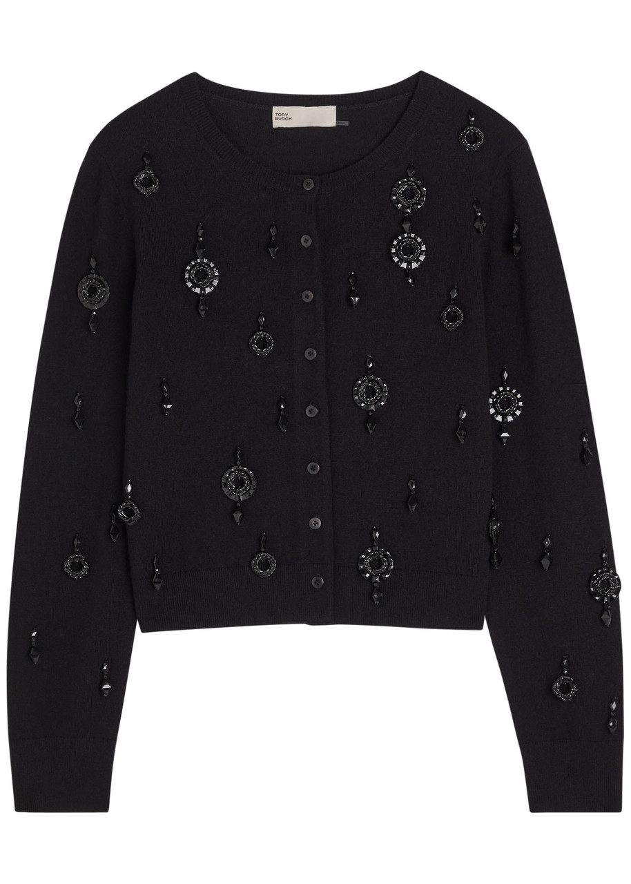 Tory Burch Embellished Wool And Cashmere-blend Cardigan In Black