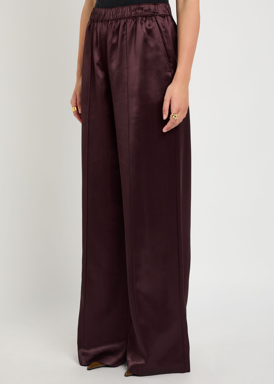 Tory Burch Pintuck Wide-leg Satin Trousers In Brown