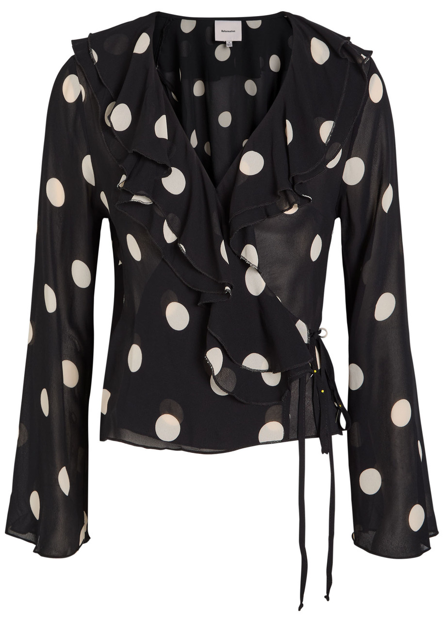 Reformation Kilah Polka Dot Silk-georgette Wrap Blouse In Black