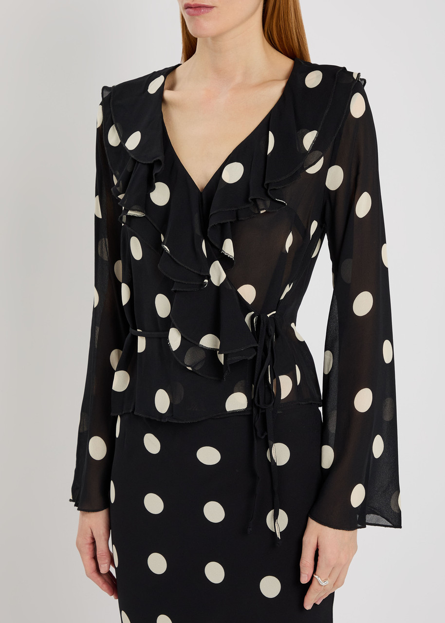 Reformation Kilah Polka Dot Silk-georgette Wrap Blouse In Black