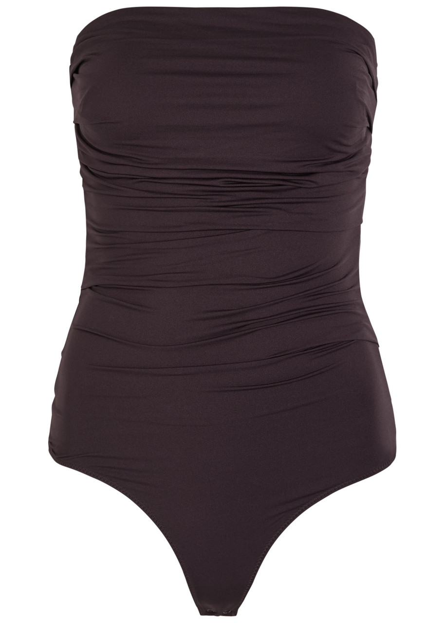 Agolde Gwyneth Ruched Stretch-jersey Bodysuit In Brown
