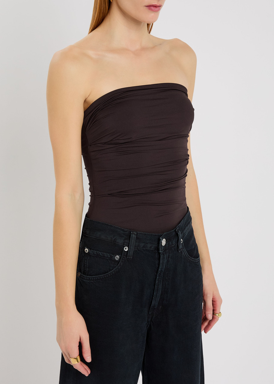 Agolde Gwyneth Ruched Stretch-jersey Bodysuit In Brown