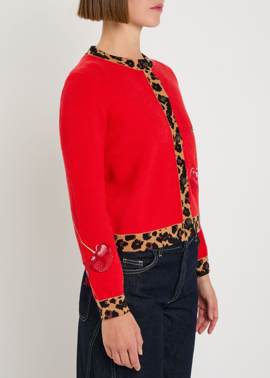Never Fully Dressed Cherry Embroidered Contrast Cardigan With Leopard Edging In Red