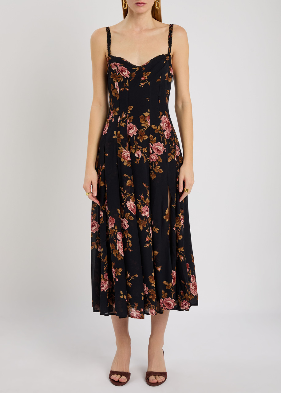 Reformation Katara Floral-print Georgette Midi Dress In Black