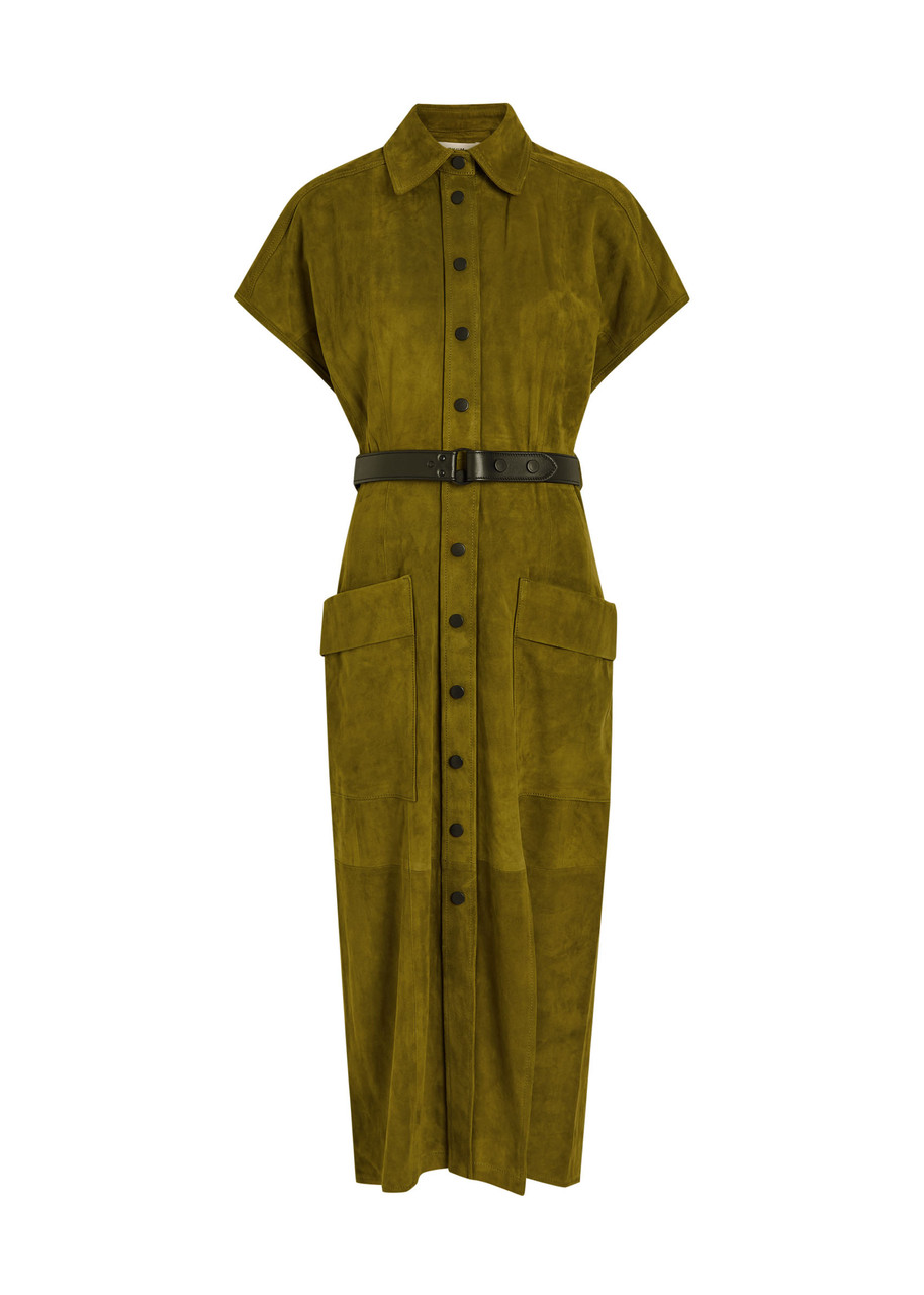 Skiim Liza Belted Suede Midi Shirt Dress In Green