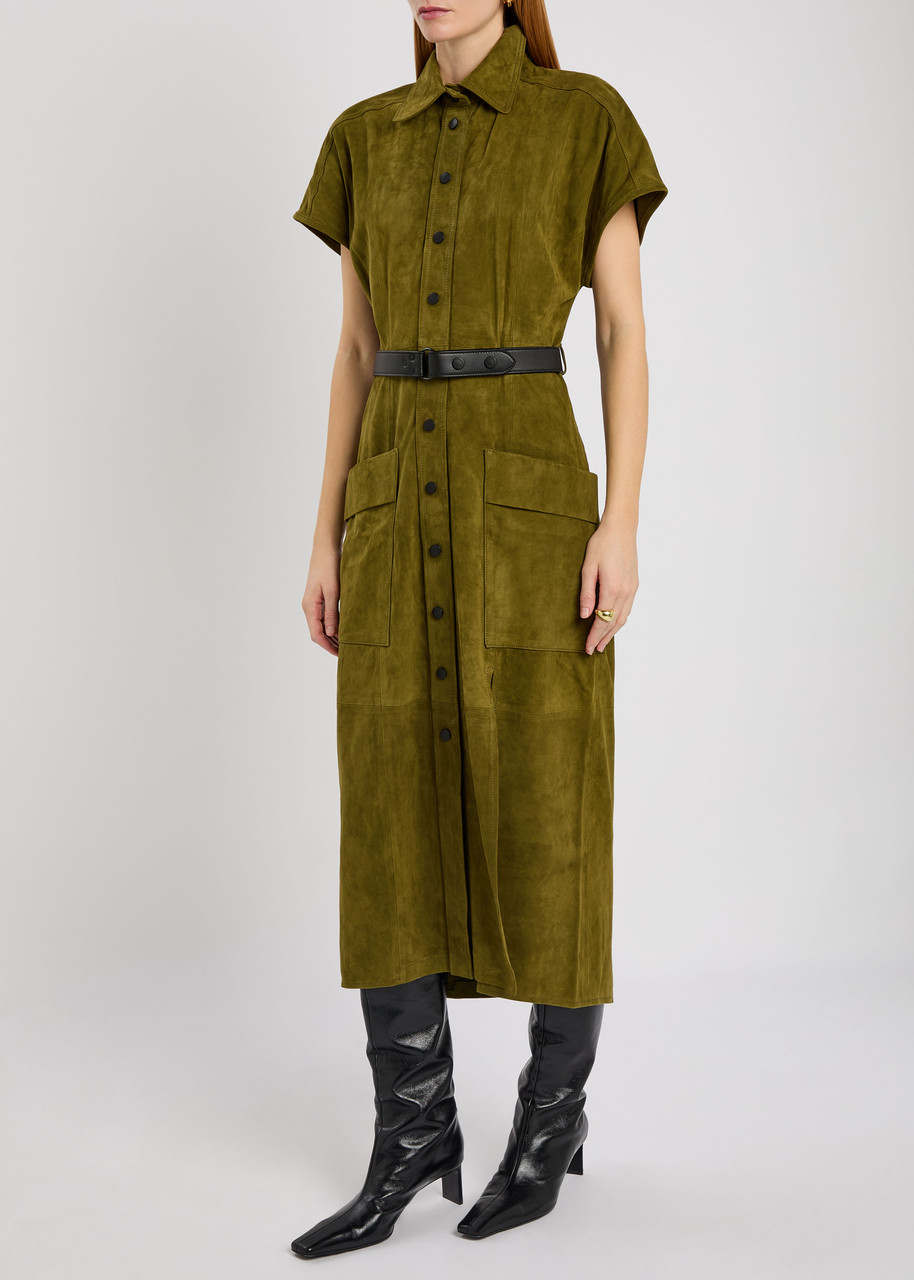 Skiim Liza Belted Suede Midi Shirt Dress In Green