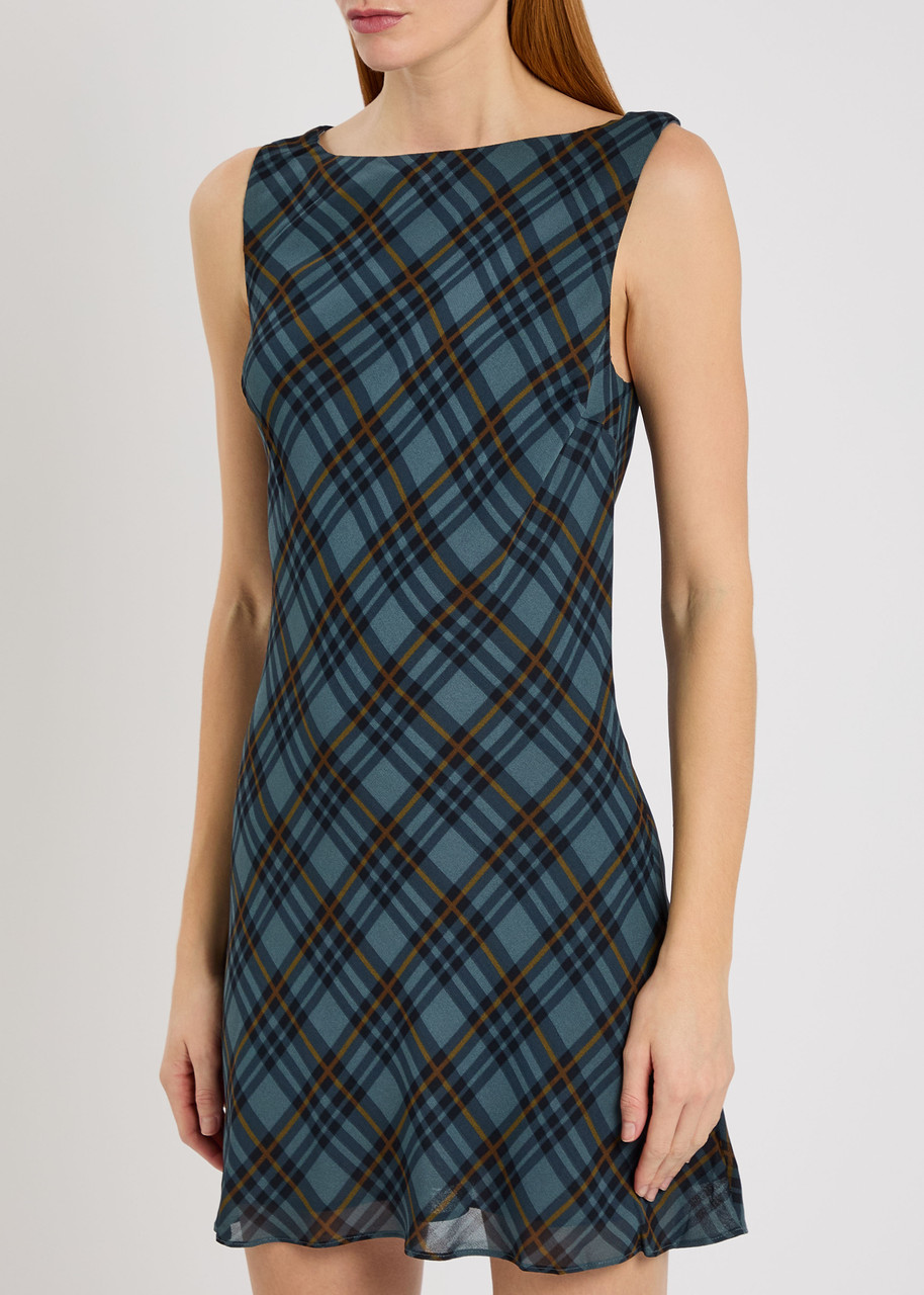 Reformation Womens Dale Plaid-check Woven Mini Dress Slate Plaid In Blue