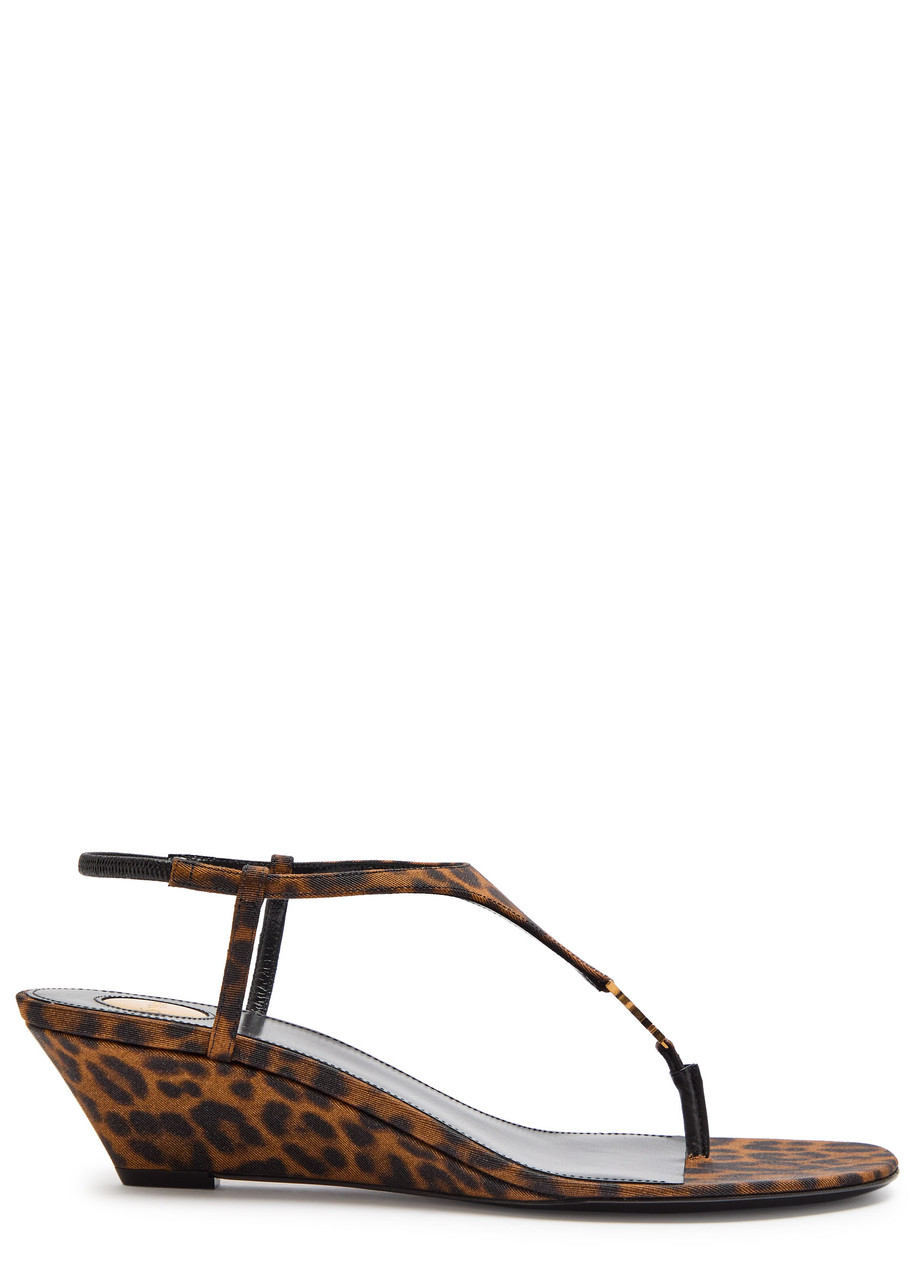 Saint Laurent Cassandra 40 Leopard-print Grosgrain Wedge Sandals In Brown