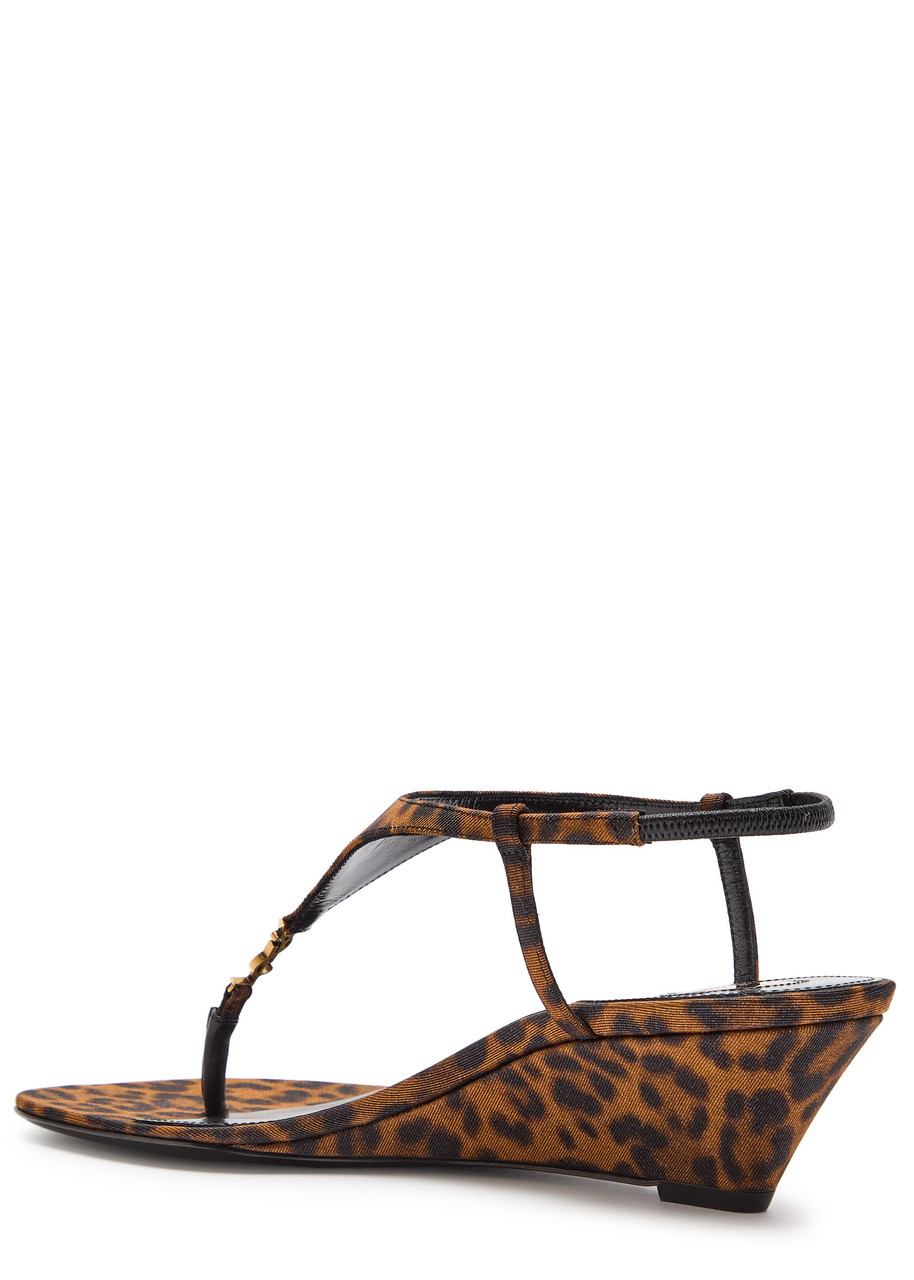 Saint Laurent Cassandra 40 Leopard-print Grosgrain Wedge Sandals In Brown