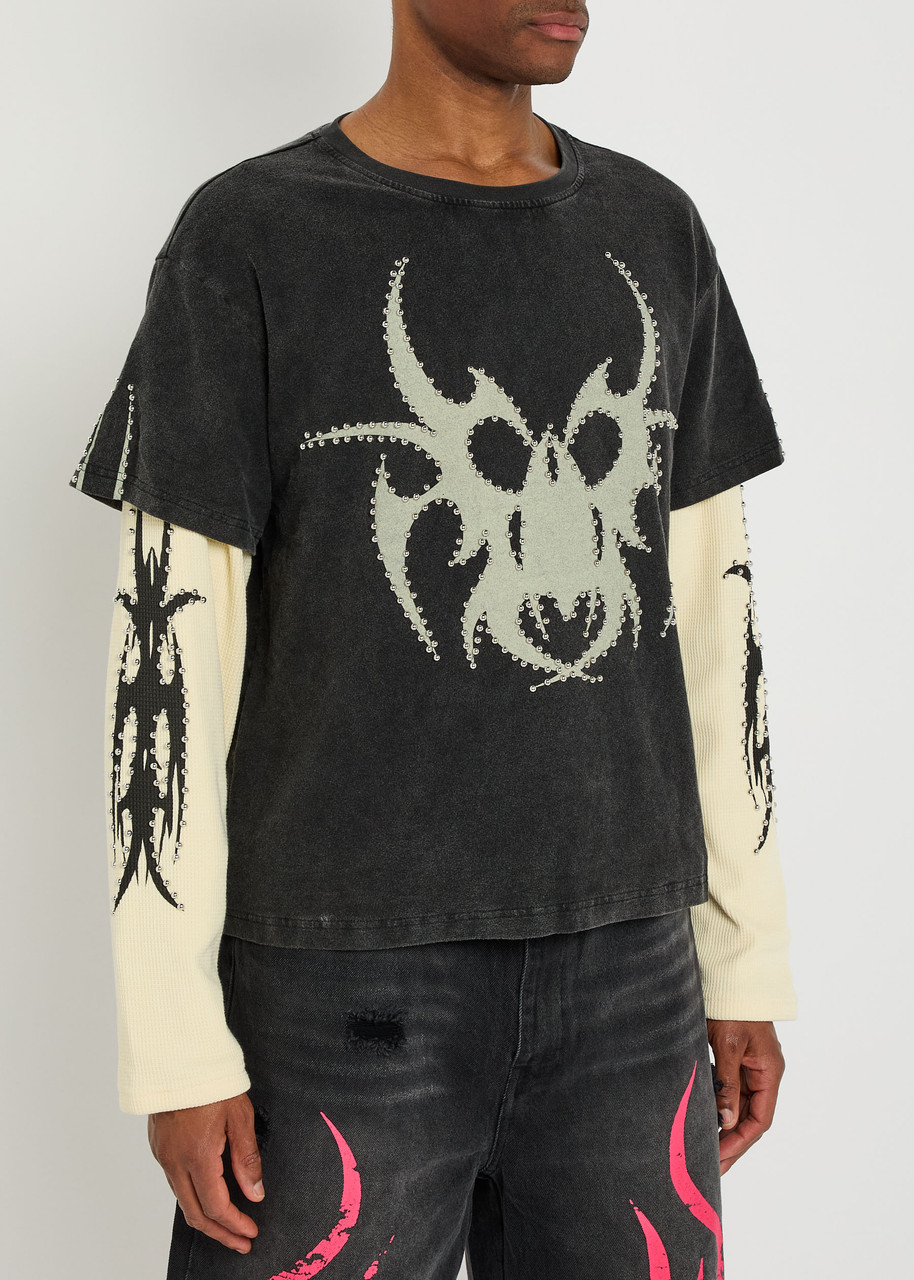 Chew Forever Roach Studded Printed Long Sleeve Cotton T-shirt In Black