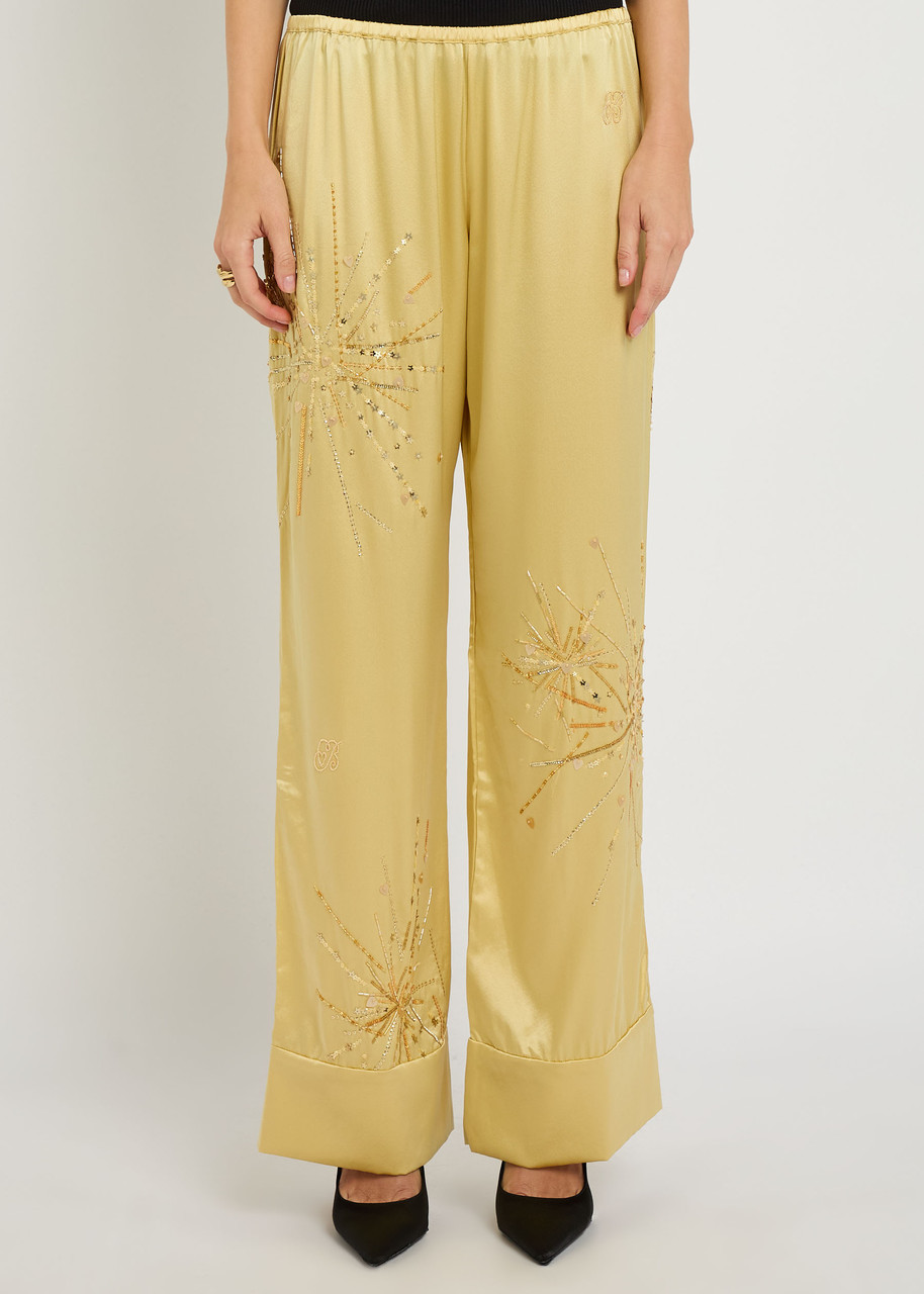 Bernadette Louis Embellished Stretch-silk Trousers In Yellow