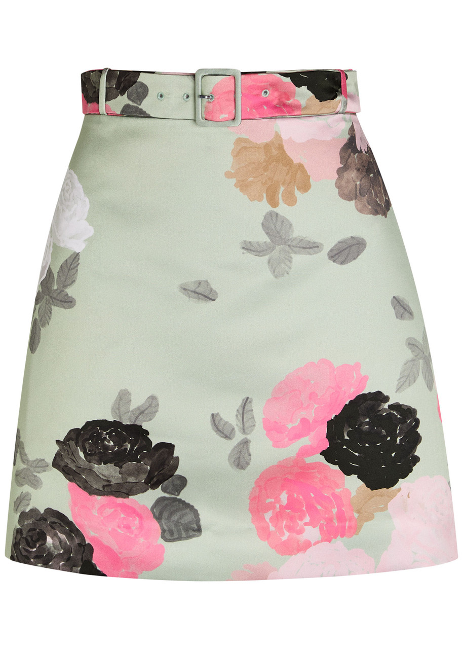 Bernadette Eva Belted Floral-print Satin Skirt In Green