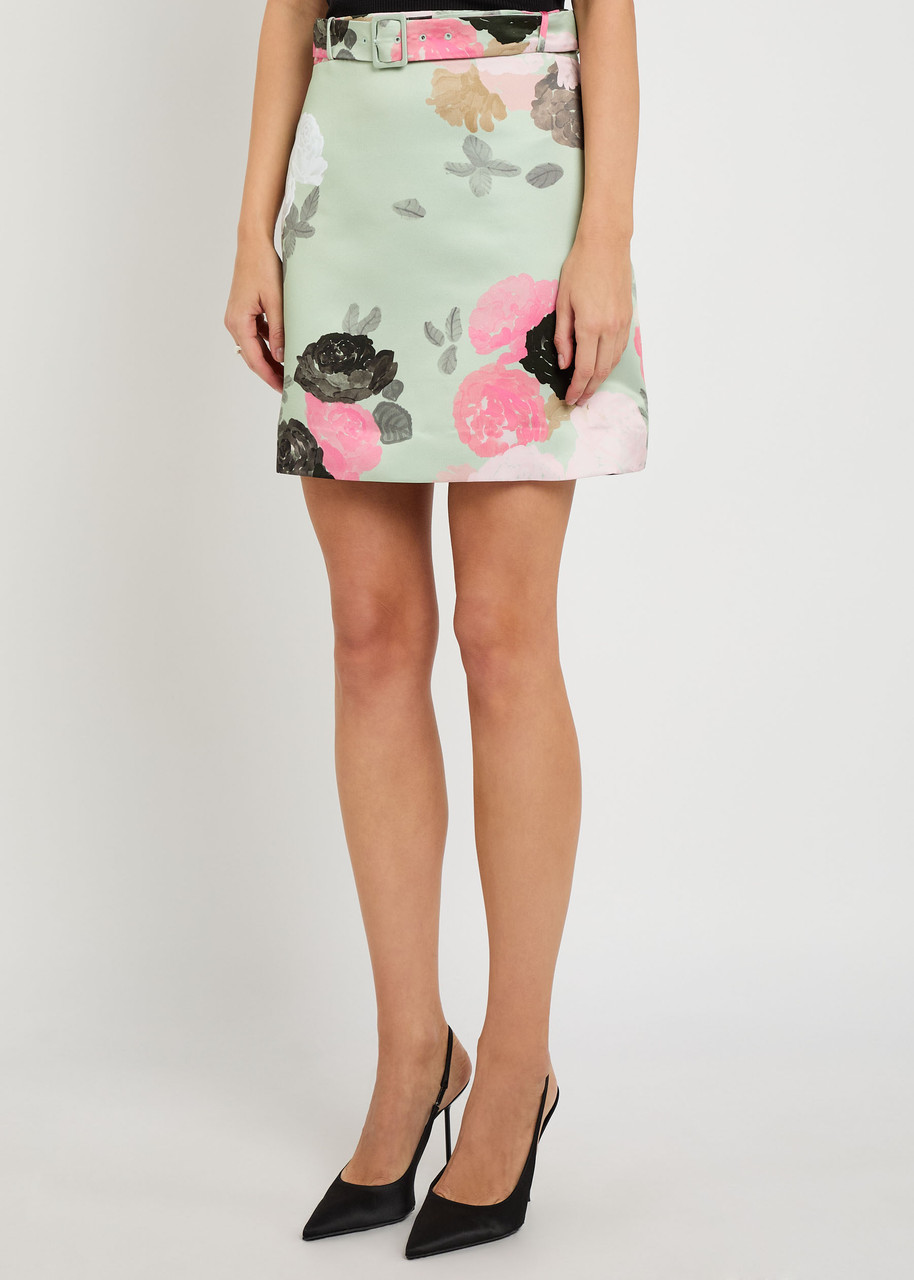 Bernadette Eva Belted Floral-print Satin Skirt In Green