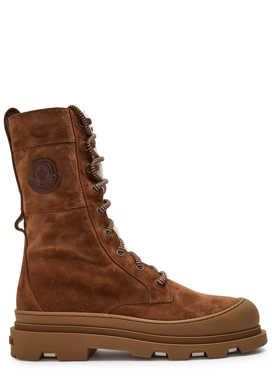 Moncler Vera High Shearling-trimmed Suede Mid-calf Boots In Brown
