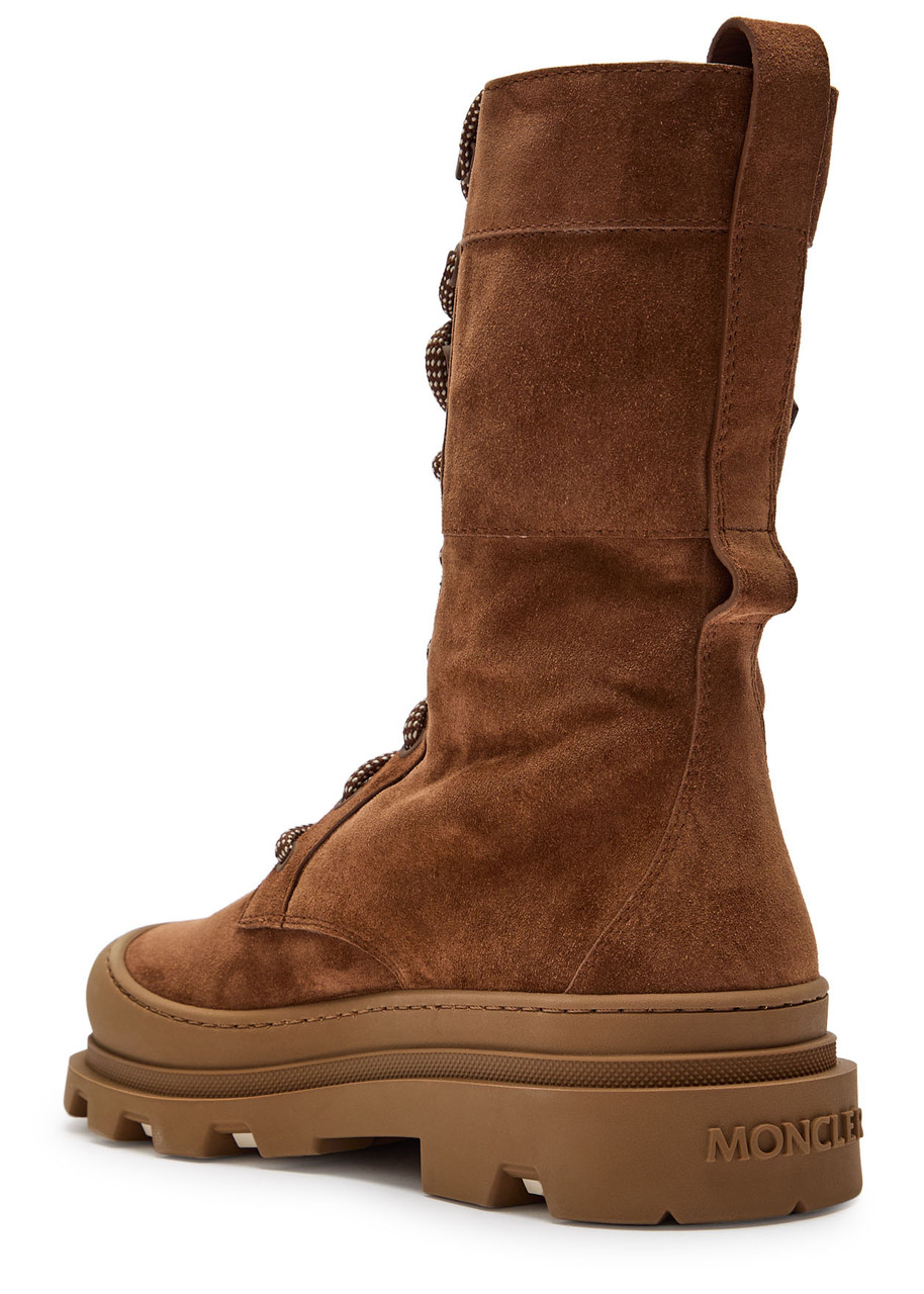 Moncler Vera High Shearling-trimmed Suede Mid-calf Boots In Brown