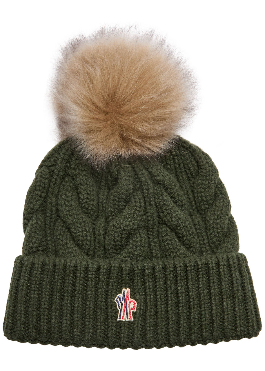 Moncler Pompom Cable-knit Wool-blend Beanie In Green