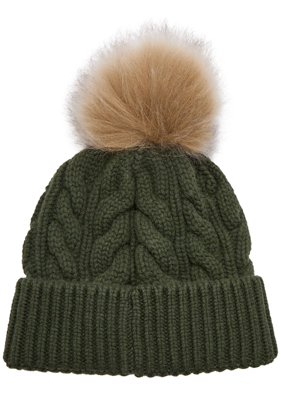 Moncler Pompom Cable-knit Wool-blend Beanie In Green
