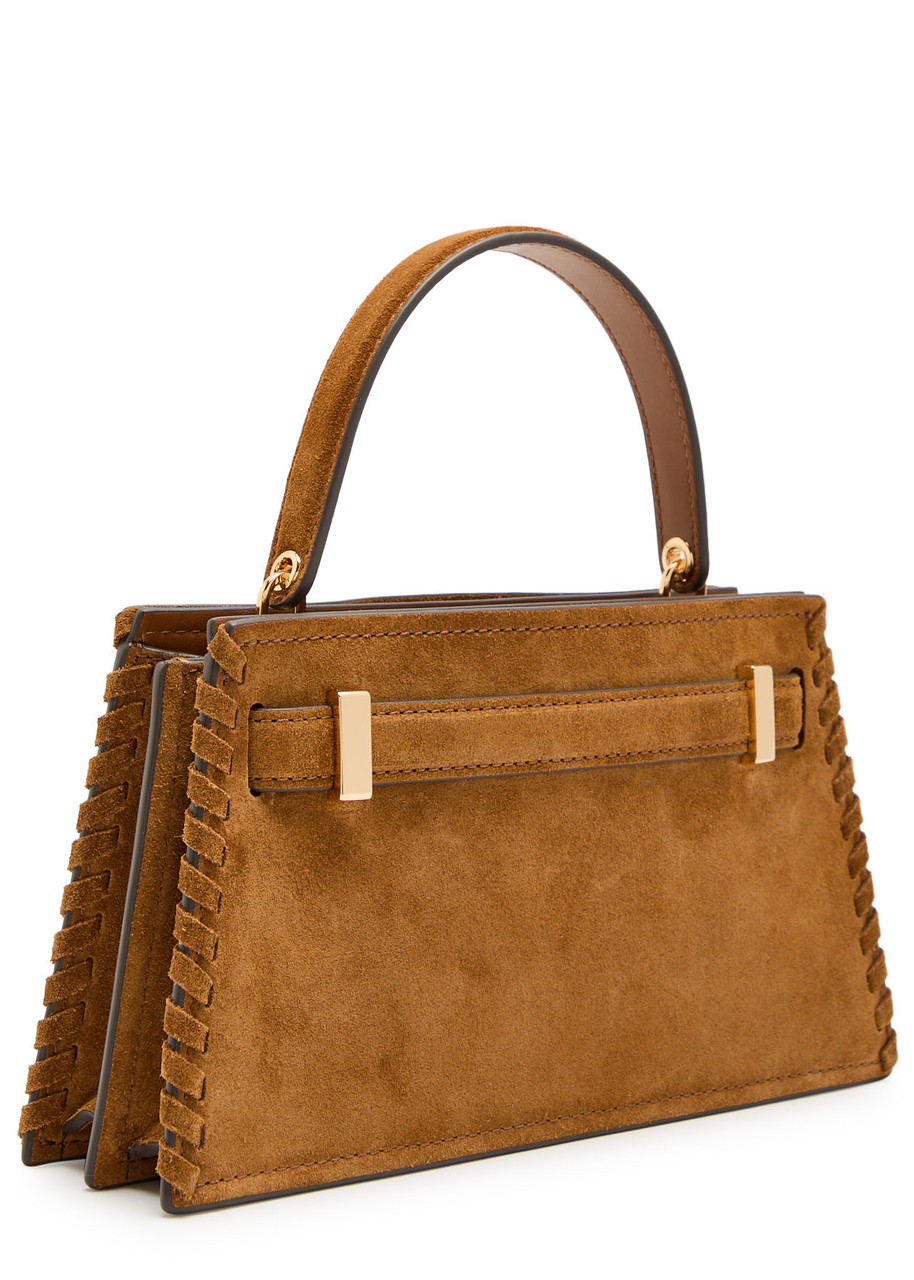 Tory Burch Lee Radziwill Mini Fringed Suede Top Handle Bag In Brown